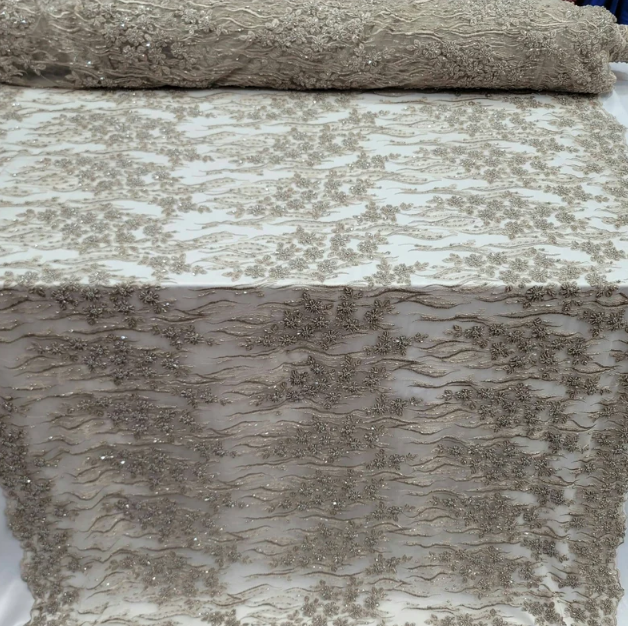 Champagne Beaded Lace Floral Flowers Embroidery Mesh Prom Fabric Sold by the Yard Gown Quinceañera bridal Prom