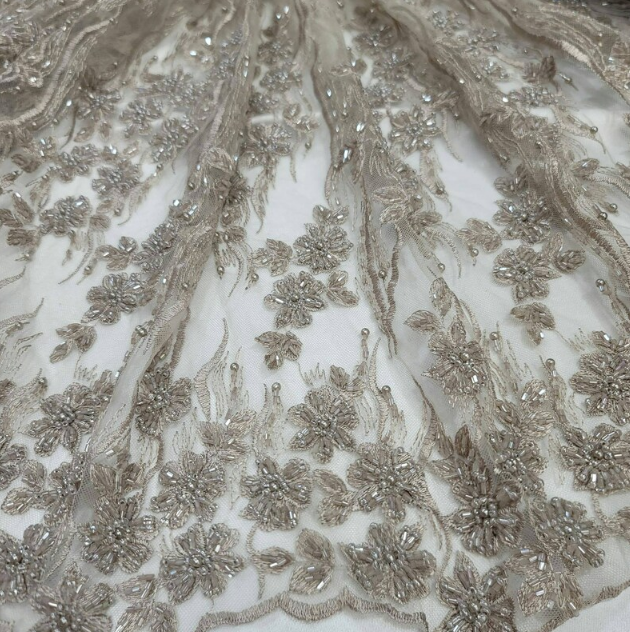 Champagne Beaded Lace Floral Flowers Embroidery Mesh Prom Fabric Sold by the Yard Gown Quinceañera bridal Prom