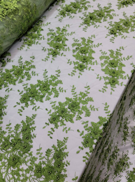 Lace 3d Floral Flowers Olive Green Embroidered On Mesh Fabric Sold By The Yard Pearls Floral Prom Gown Quinceañera Bridal Fabric