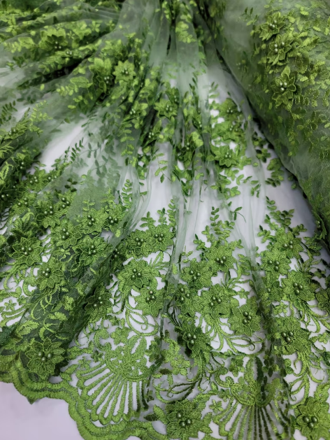 Lace 3d Floral Flowers Olive Green Embroidered On Mesh Fabric Sold By The Yard Pearls Floral Prom Gown Quinceañera Bridal Fabric