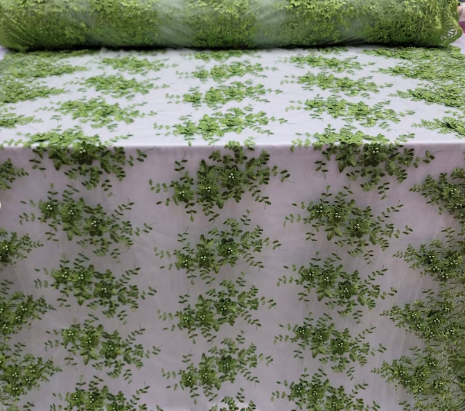 Lace 3d Floral Flowers Olive Green Embroidered On Mesh Fabric Sold By The Yard Pearls Floral Prom Gown Quinceañera Bridal Fabric