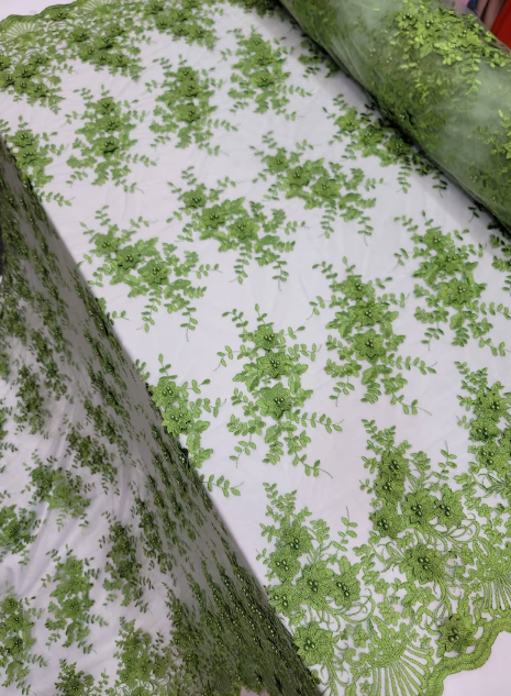 Lace 3d Floral Flowers Olive Green Embroidered On Mesh Fabric Sold By The Yard Pearls Floral Prom Gown Quinceañera Bridal Fabric