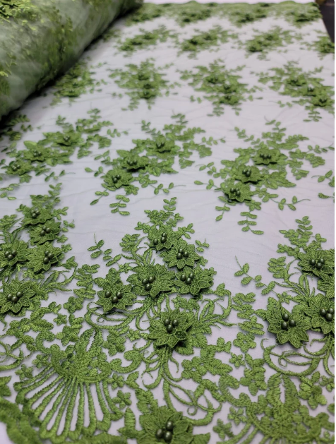 Lace 3d Floral Flowers Olive Green Embroidered On Mesh Fabric Sold By The Yard Pearls Floral Prom Gown Quinceañera Bridal Fabric