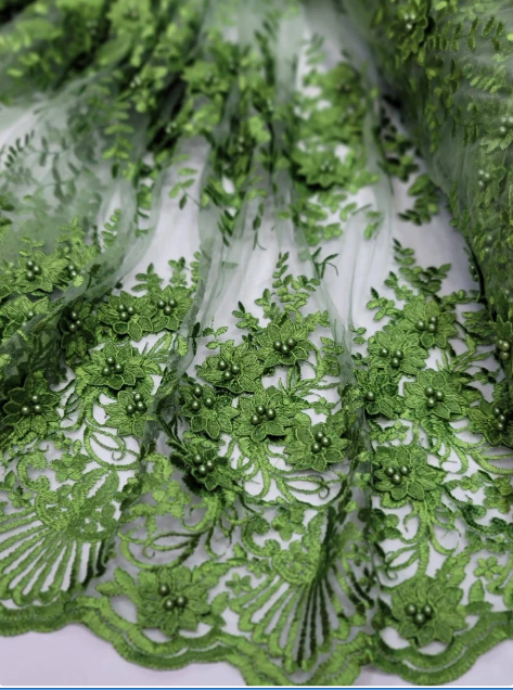 Lace 3d Floral Flowers Olive Green Embroidered On Mesh Fabric Sold By The Yard Pearls Floral Prom Gown Quinceañera Bridal Fabric
