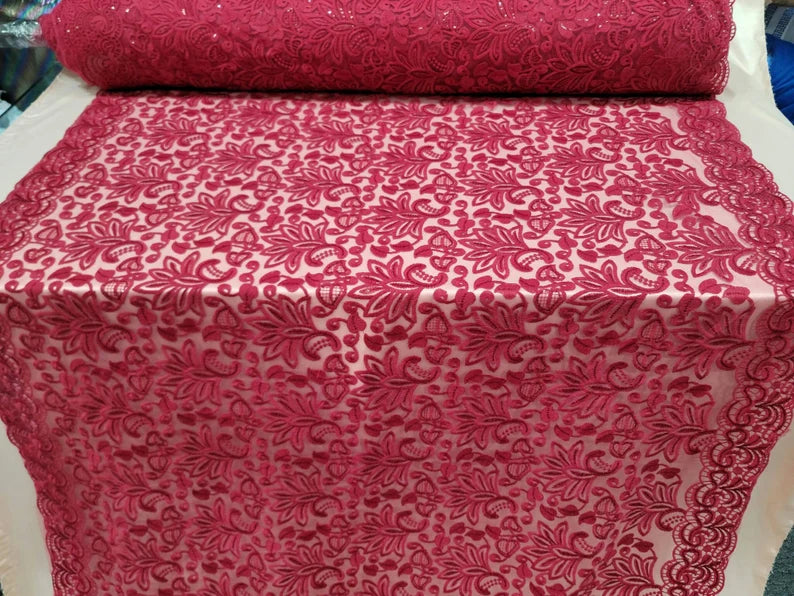 Burgundy Embroidered Lace Floral Flowers Double Scallops Clear Sequin Fabric By The Yard Gown Quinceañera Bridal Evening Dress