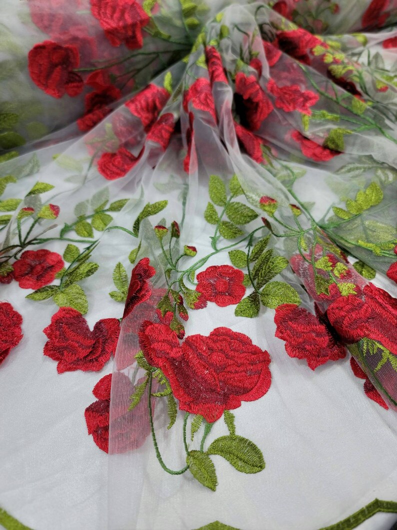 White Lace Red Embroidered Floral Flowers Green Leaves Gown Bridal Evening Dress Prom Quinceañera Gown Fabric By The Yard