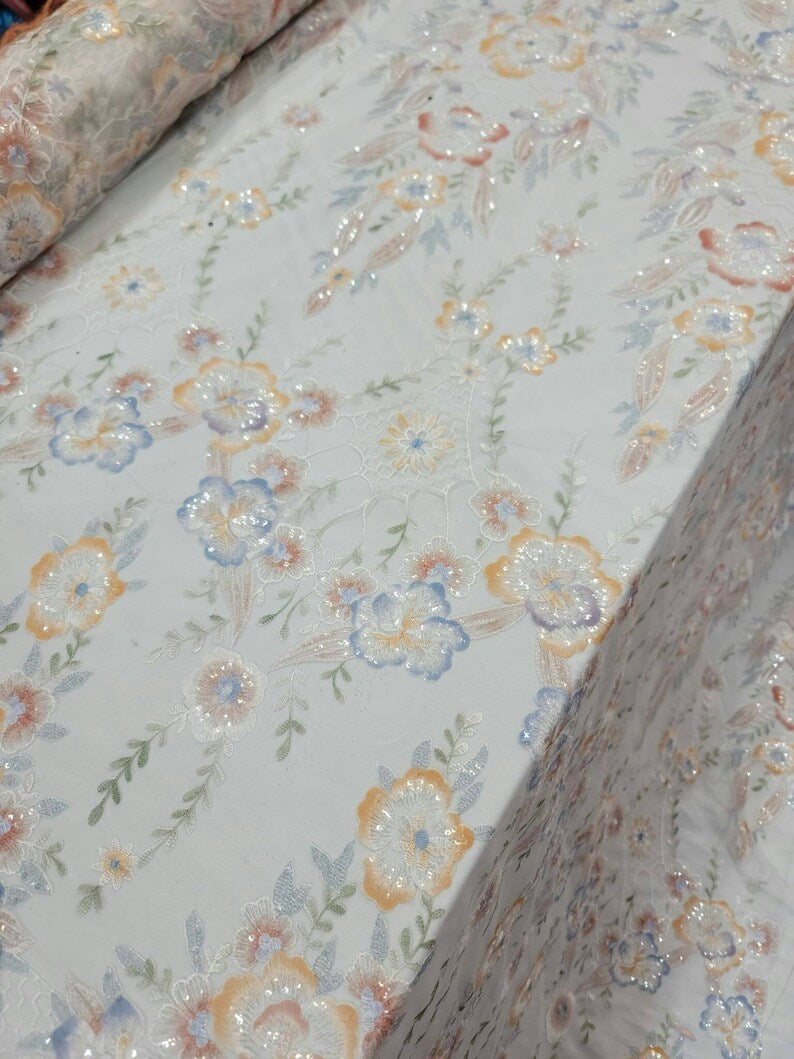 White Lace Multicolor Embroidery Floral Flowers Clear Sequin Dress Fabric Sold by the Yard Prom Quinceañera Gown Dress Blue Peach Flowers
