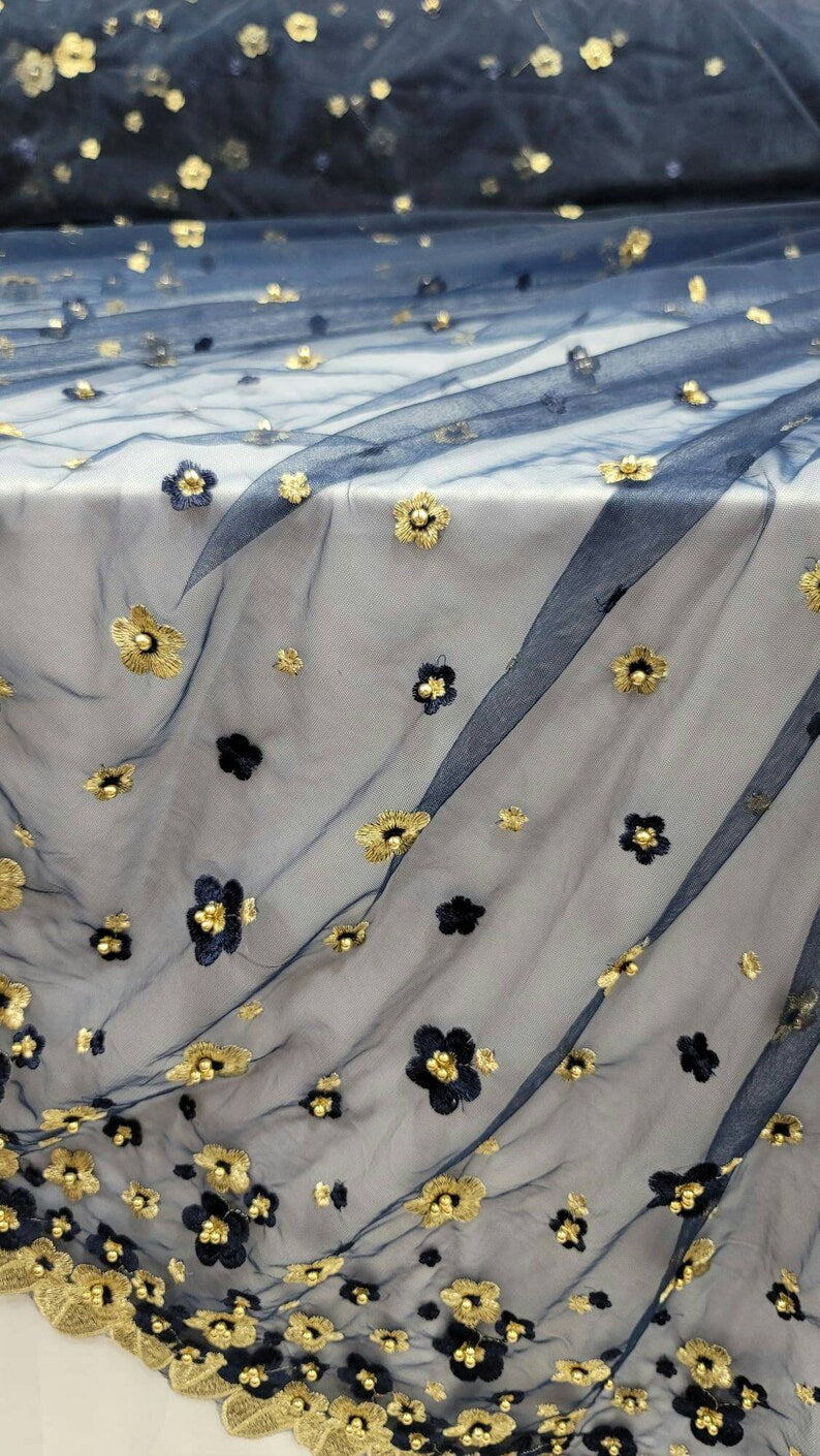 Navy Blue Lace Gold Floral on Mesh Prom Fabric Sold by the Yard Quinceañera Bridal Dress Sori Fashion fabric Evening Bridal Dress