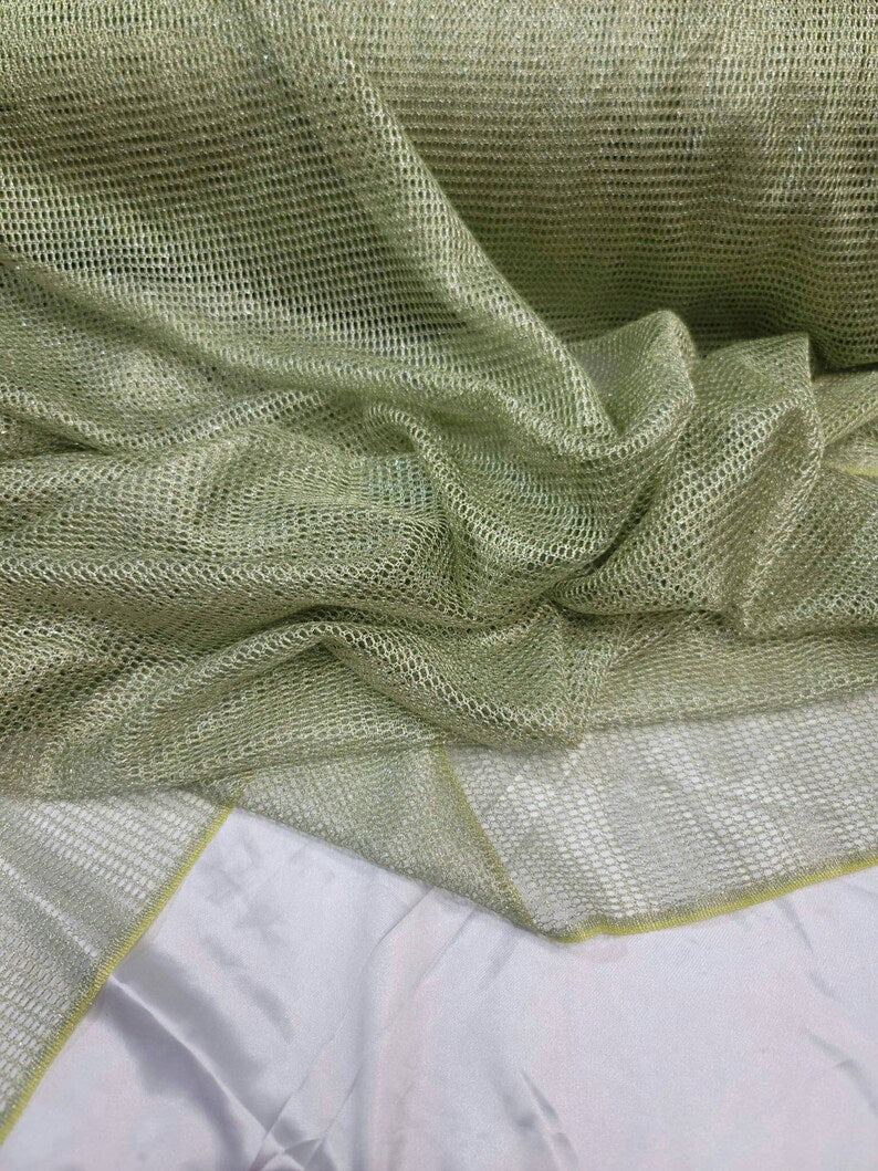 Sage Fish Net Shimmer Silver Fabric Sold by the Yard Fashion Clothing Dress Decoration Draping
