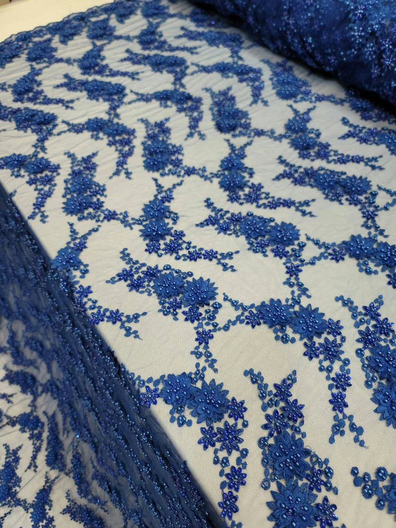 Royal Blue Embroiderey 3d Floral Flowers Lace Pearls on Mesh Fabric Sold by the Yard Gown Quinceañera Bridal Evening Dress Fashion