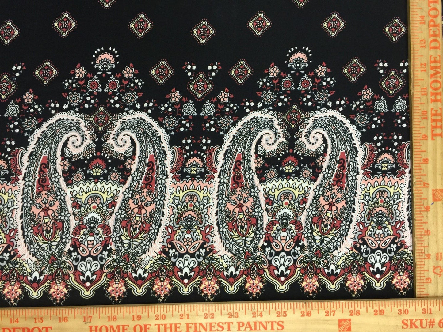100% Rayon Challis Black Background Hindi Inspired Pink Paisleys 56" / 58" Wide Fabric Sold by the Yard, Soft Fabric Double Scalloped Soft