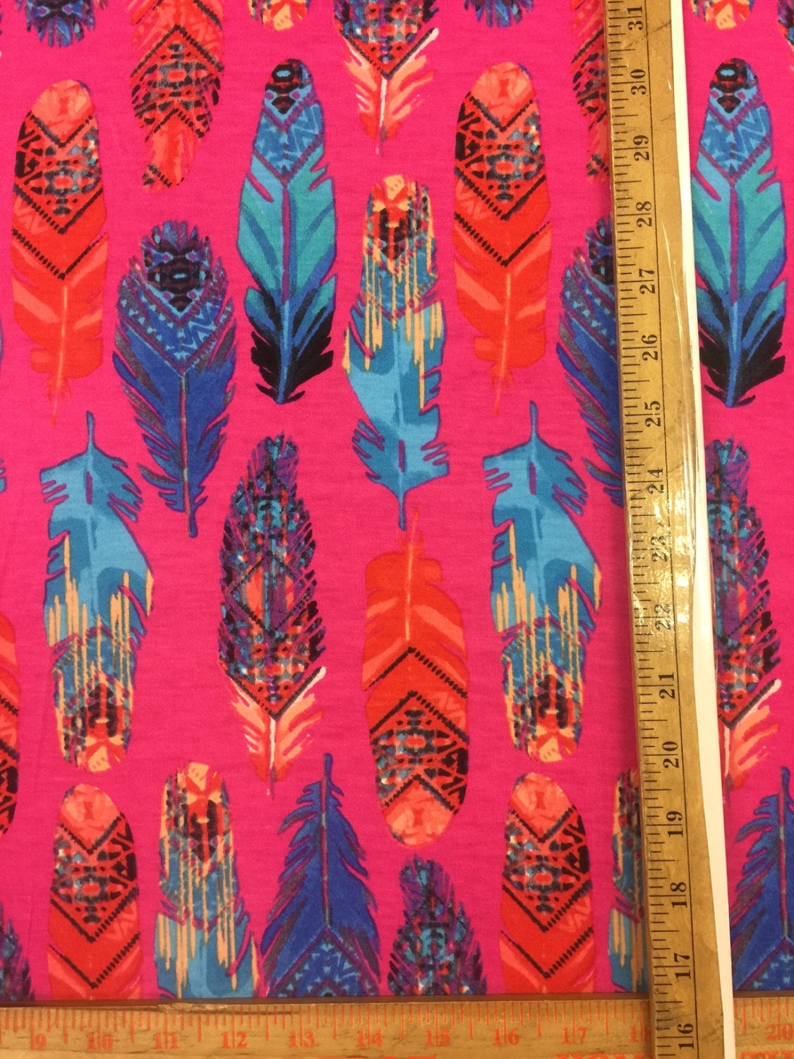 Rayon stretch pink, feather multicolor print 58 inches wide fabric sold by the yard fuchsia for wedding, panels, tablecloth, crafts, kids