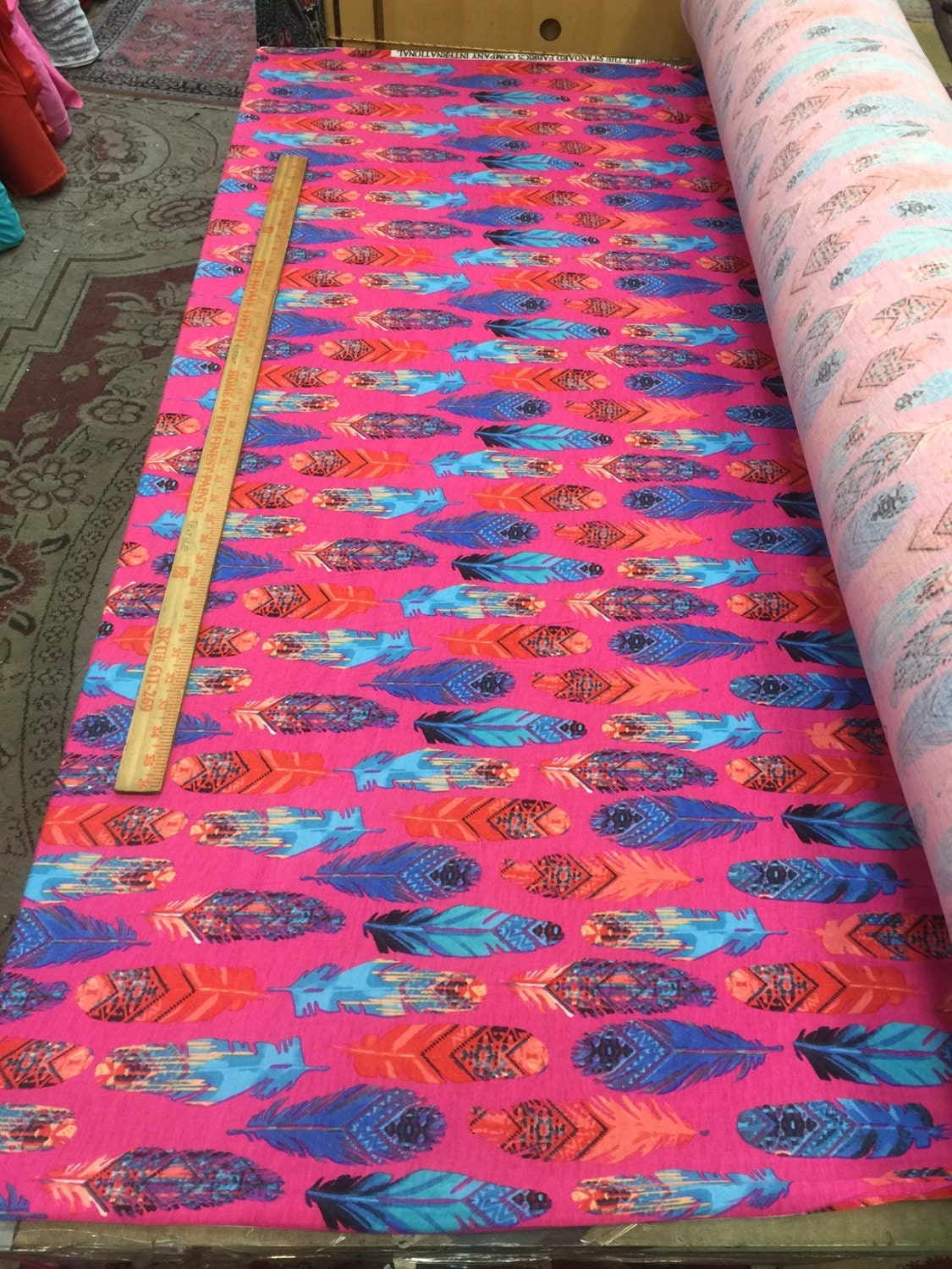 Rayon stretch pink, feather multicolor print 58 inches wide fabric sold by the yard fuchsia for wedding, panels, tablecloth, crafts, kids