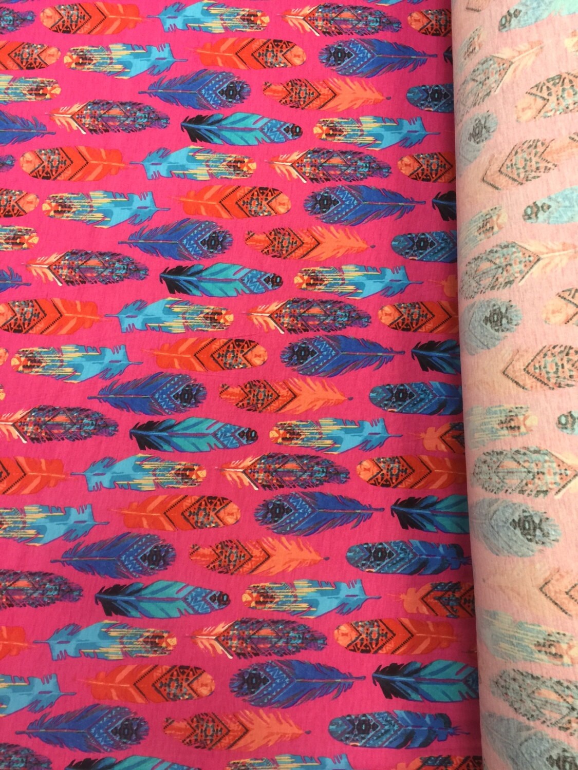 Rayon stretch pink, feather multicolor print 58 inches wide fabric sold by the yard fuchsia for wedding, panels, tablecloth, crafts, kids
