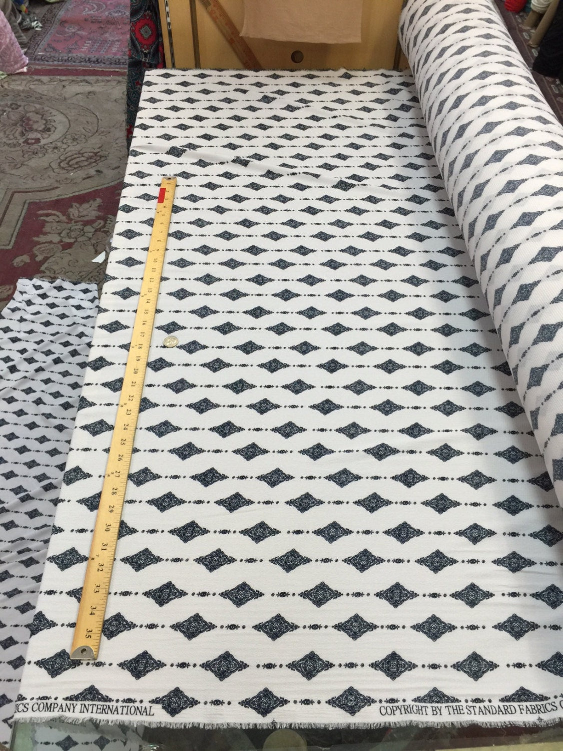 97 poly 3 Spandex Boho White Navy 58-60 in w Fabric by the yard crepe polyester 1 way stretch fabric dress flowy