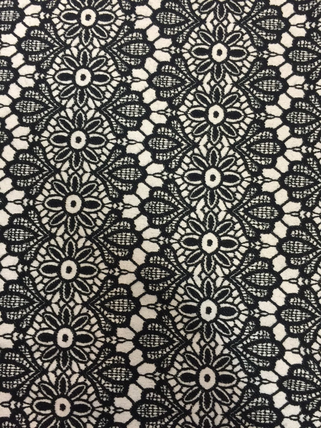 Embroidery lace on stretch French Cotton Black n off white floral flowers 1 way stretch fabric sold by the yard gorgeous texture