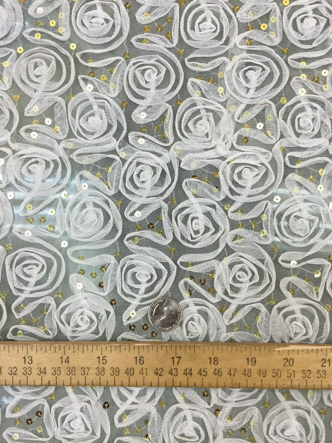 Off White Rosettes W Small Gold Sequin on Mesh Lace Fabric by the Yard Bridal Wedding Gown Gorgeous Decoration Draping Table Cloths Fabric