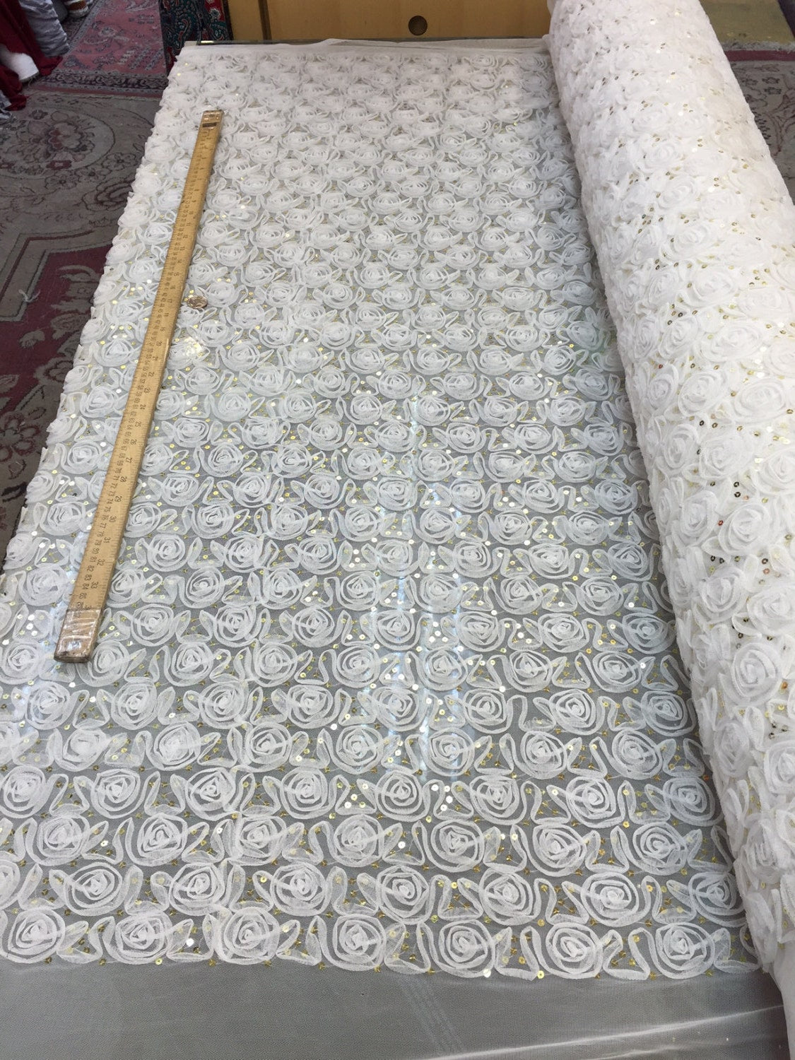 Off White Rosettes W Small Gold Sequin on Mesh Lace Fabric by the Yard Bridal Wedding Gown Gorgeous Decoration Draping Table Cloths Fabric