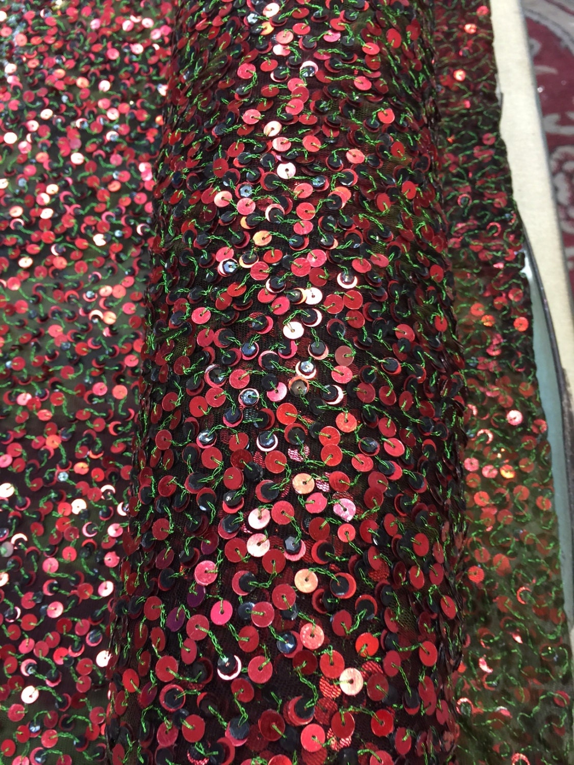 31" W Green Mesh W Red N Tiny Brown Sequin French Fabric by the Yard Gown Quinceañera Bridal Evening dress Gorgeous decoration draping