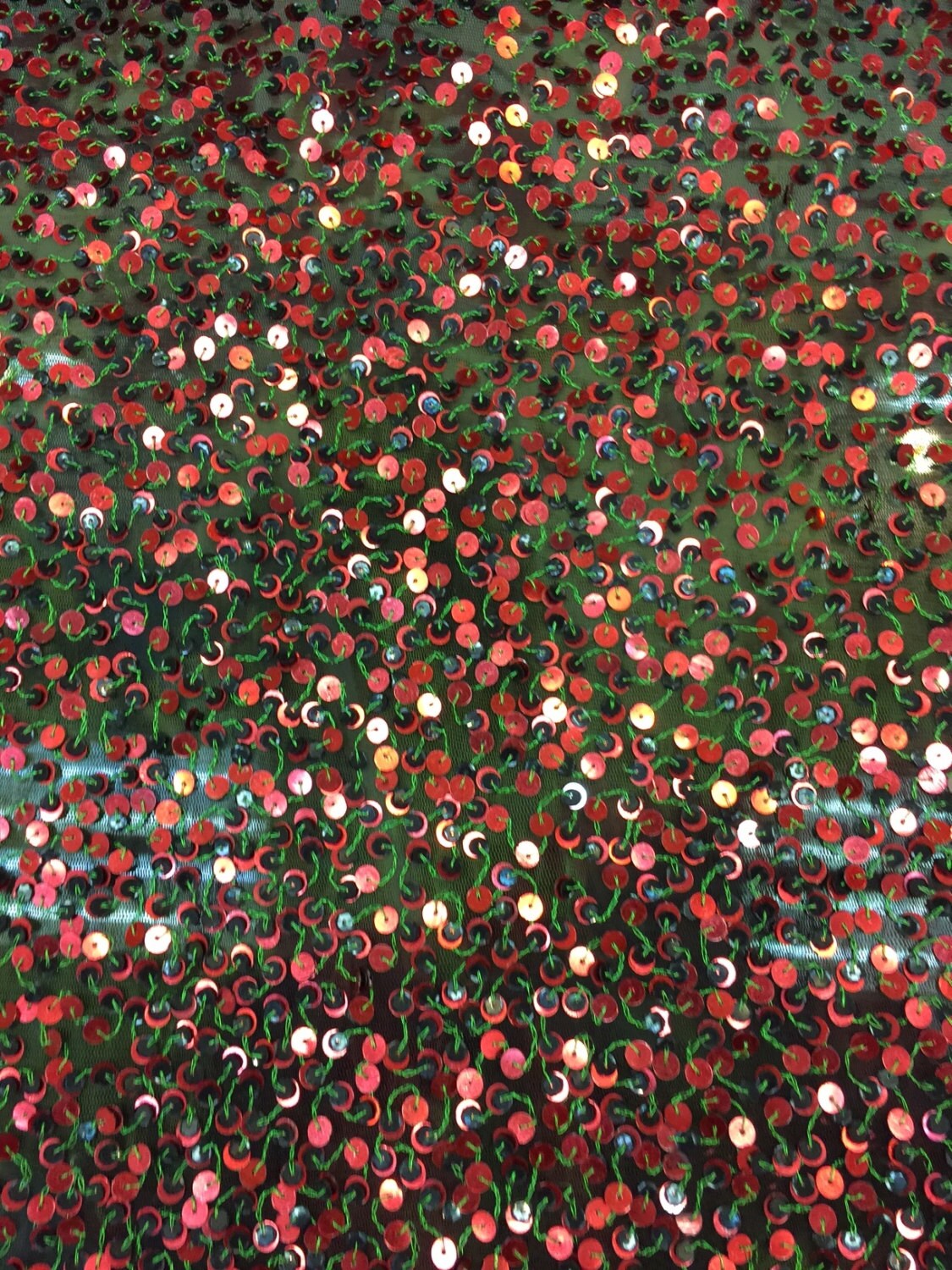 31" W Green Mesh W Red N Tiny Brown Sequin French Fabric by the Yard Gown Quinceañera Bridal Evening dress Gorgeous decoration draping