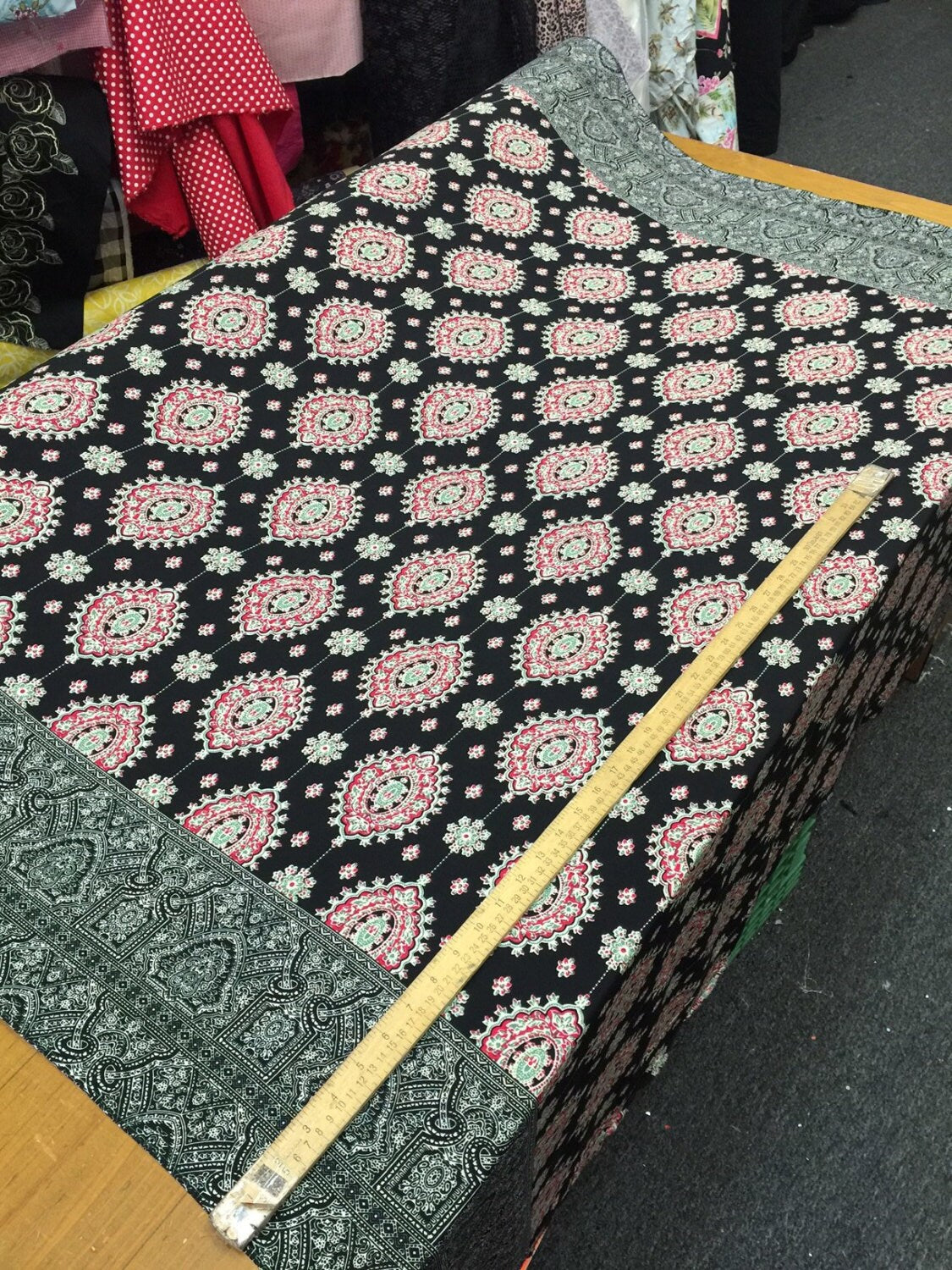 Rayon challis two border 58 inches wide fabric Black and fuchsia design sold by the yard soft organic kids dress draping clothing decoration
