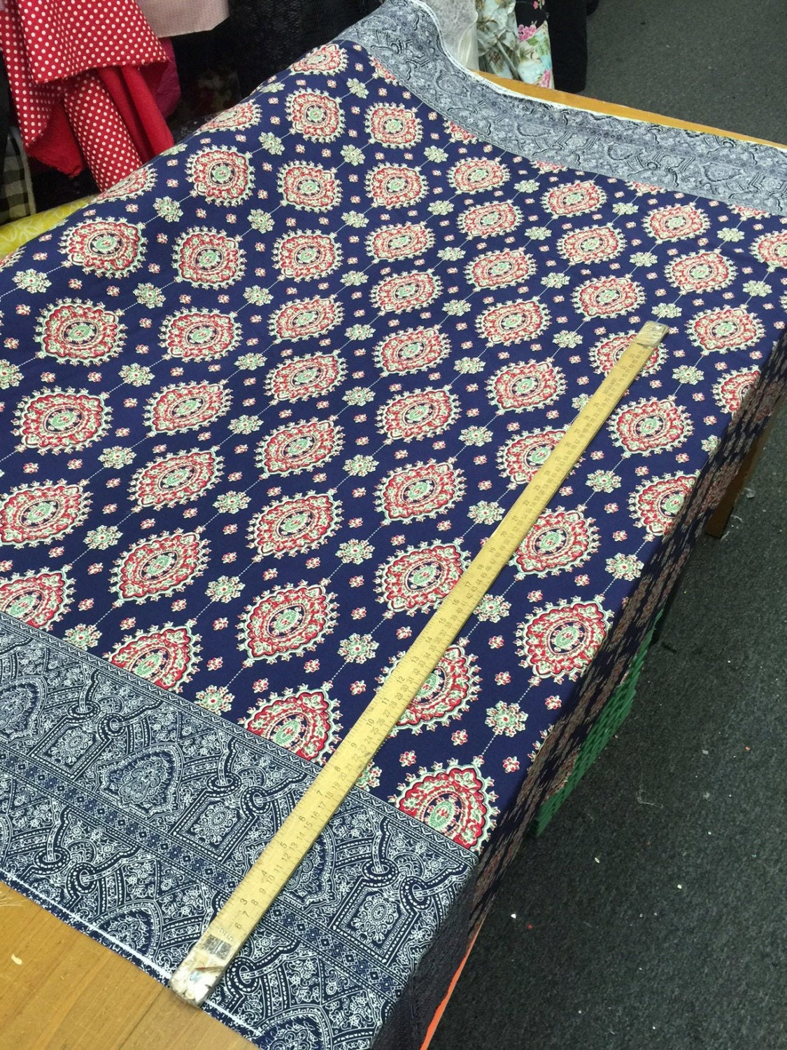 100% Japanese Rayon challis two border Navy blue and fuchsia pink design 58 inches Fabric by the yard for tablecloth, panels, decorations