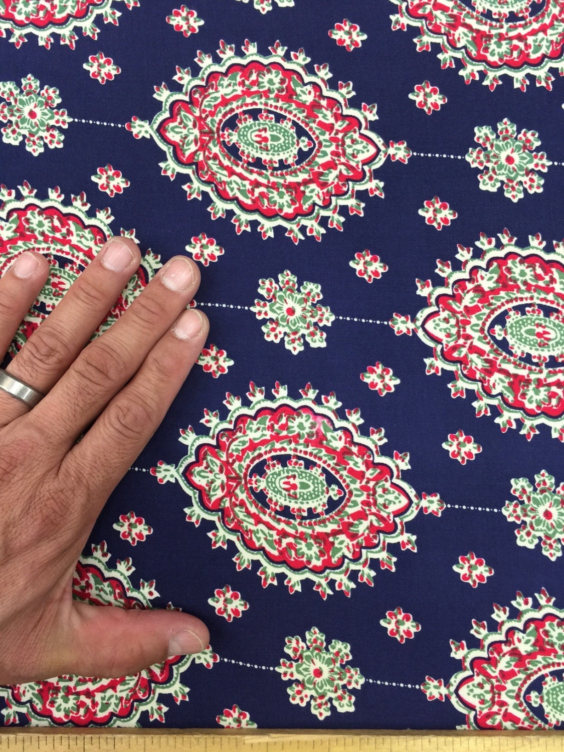 100% Japanese Rayon challis two border Navy blue and fuchsia pink design 58 inches Fabric by the yard for tablecloth, panels, decorations