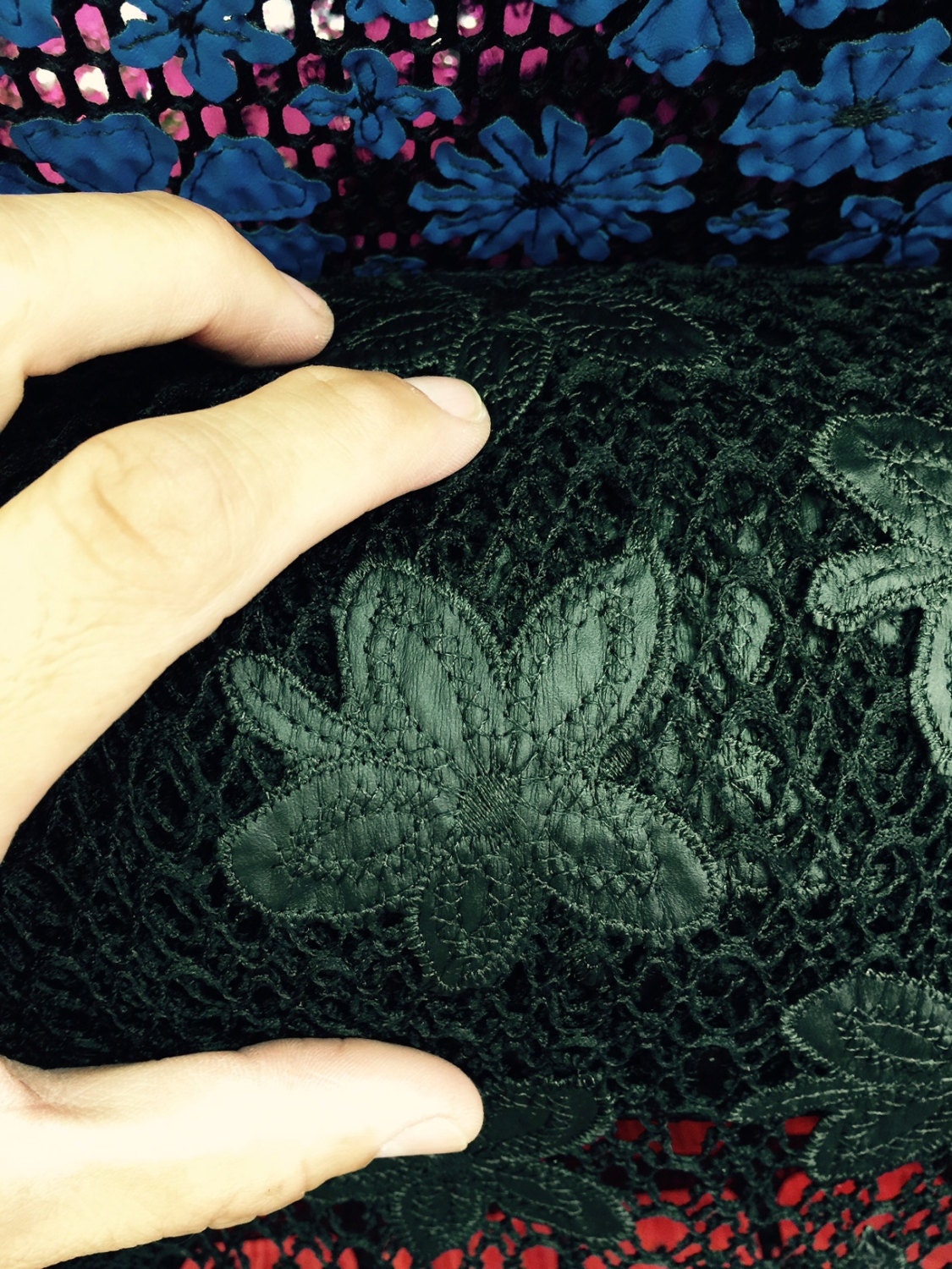 Black lace w light vinyl flowers on fish net Fabric by the yard gown Prom dress dancer clothing Fashion