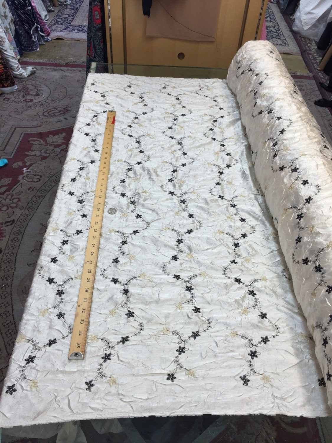 Ivory taffeta w embroidered flowers floral Fabric sold by the yard small flowers dress decoration kids