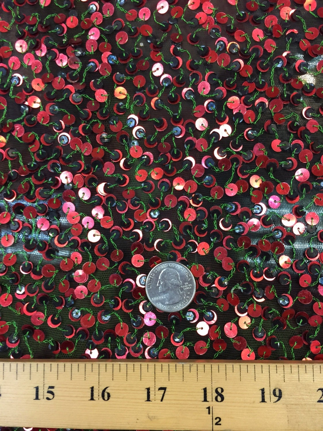 31" W Green Mesh W Red N Tiny Brown Sequin French Fabric by the Yard Gown Quinceañera Bridal Evening dress Gorgeous decoration draping