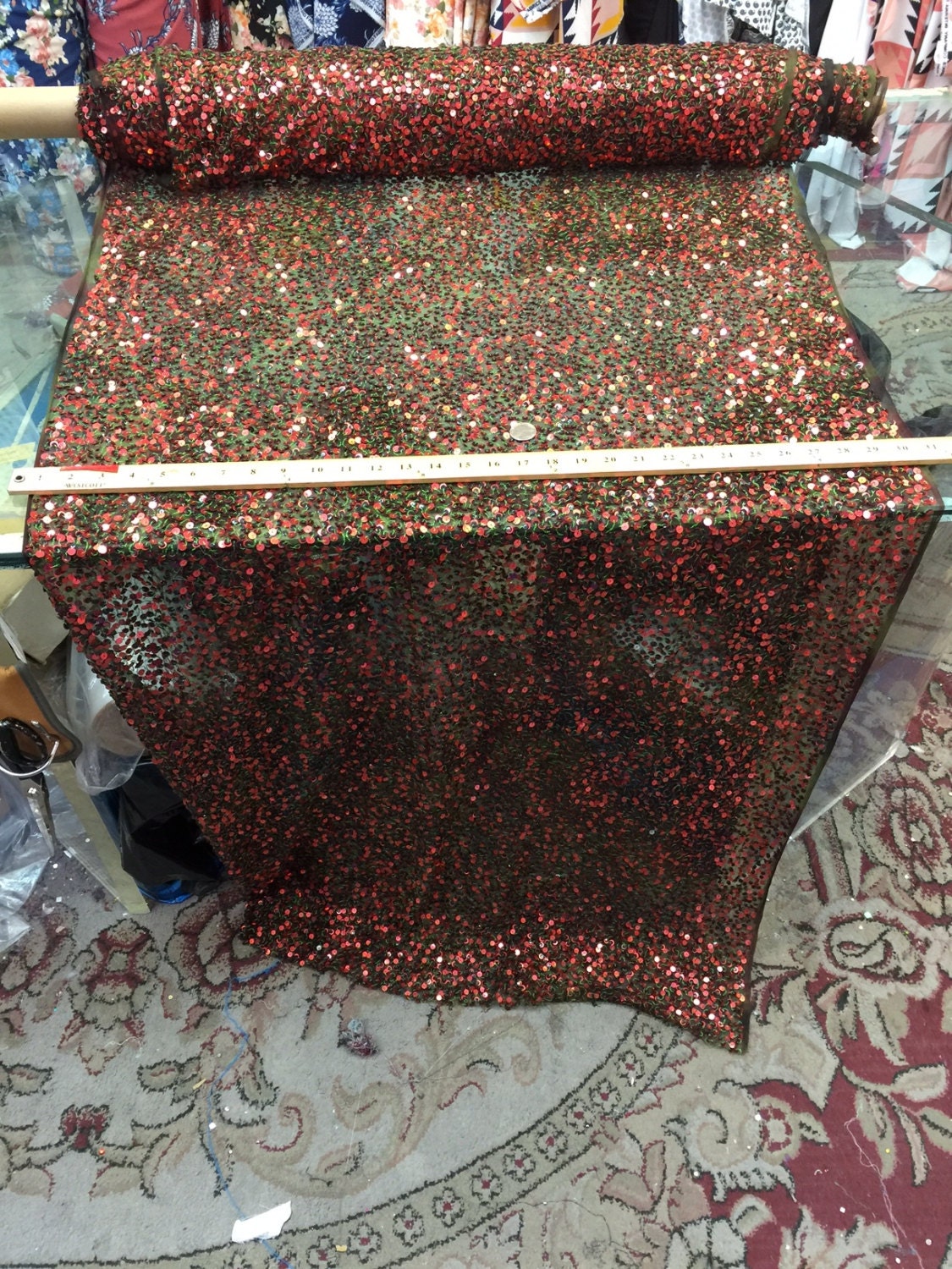31" W Green Mesh W Red N Tiny Brown Sequin French Fabric by the Yard Gown Quinceañera Bridal Evening dress Gorgeous decoration draping
