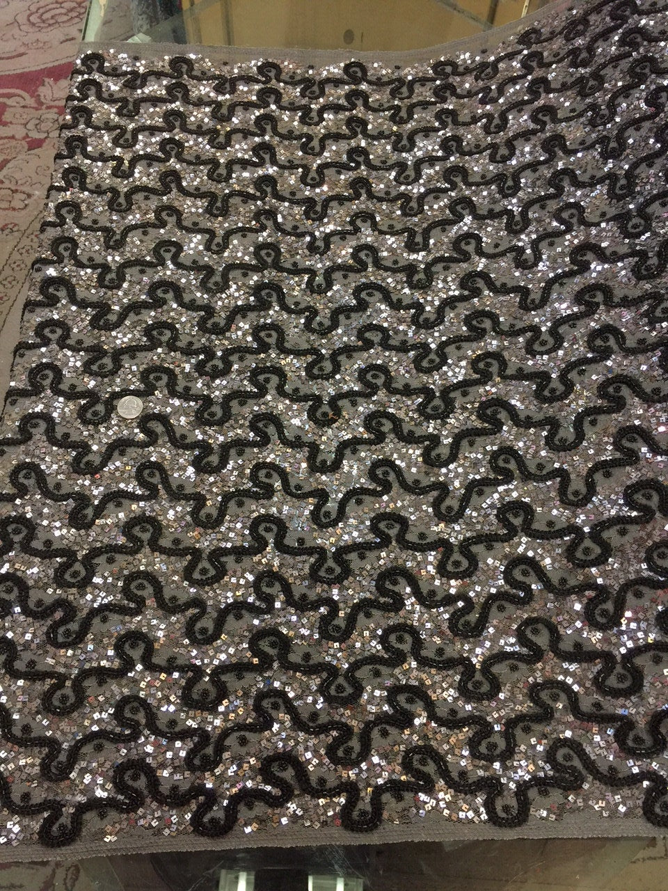 Silver grey black Hand beaded w bugle beads n small square sequin French lace Fabric by the yard silver black 40 inch w prom fabric dress