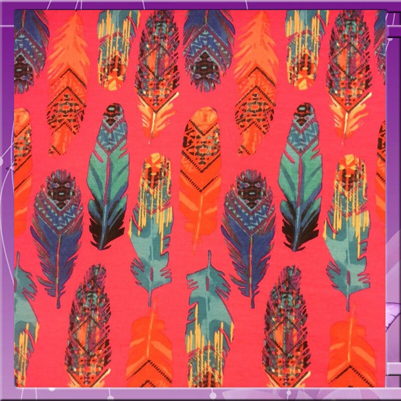 Rayon stretch pink, feather multicolor print 58 inches wide fabric sold by the yard fuchsia for wedding, panels, tablecloth, crafts, kids