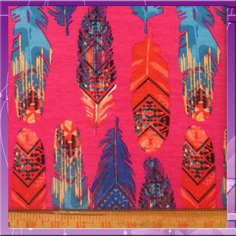 Rayon stretch pink, feather multicolor print 58 inches wide fabric sold by the yard fuchsia for wedding, panels, tablecloth, crafts, kids