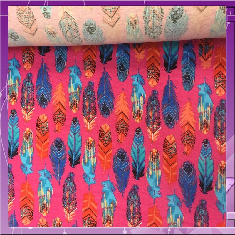 Rayon stretch pink, feather multicolor print 58 inches wide fabric sold by the yard fuchsia for wedding, panels, tablecloth, crafts, kids
