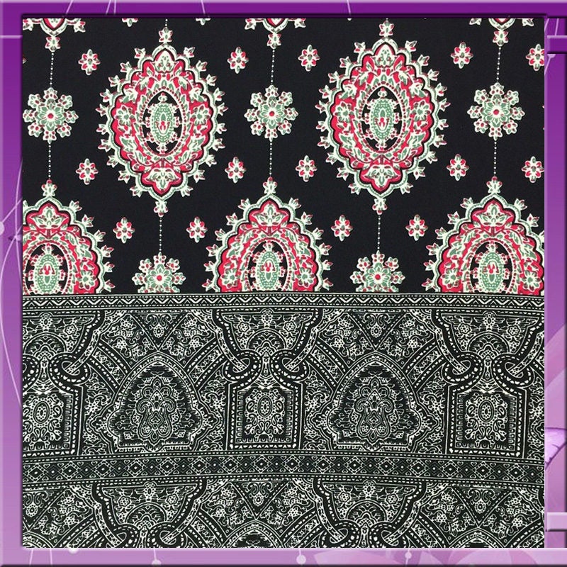 Rayon challis two border 58 inches wide fabric Black and fuchsia design sold by the yard soft organic kids dress draping clothing decoration