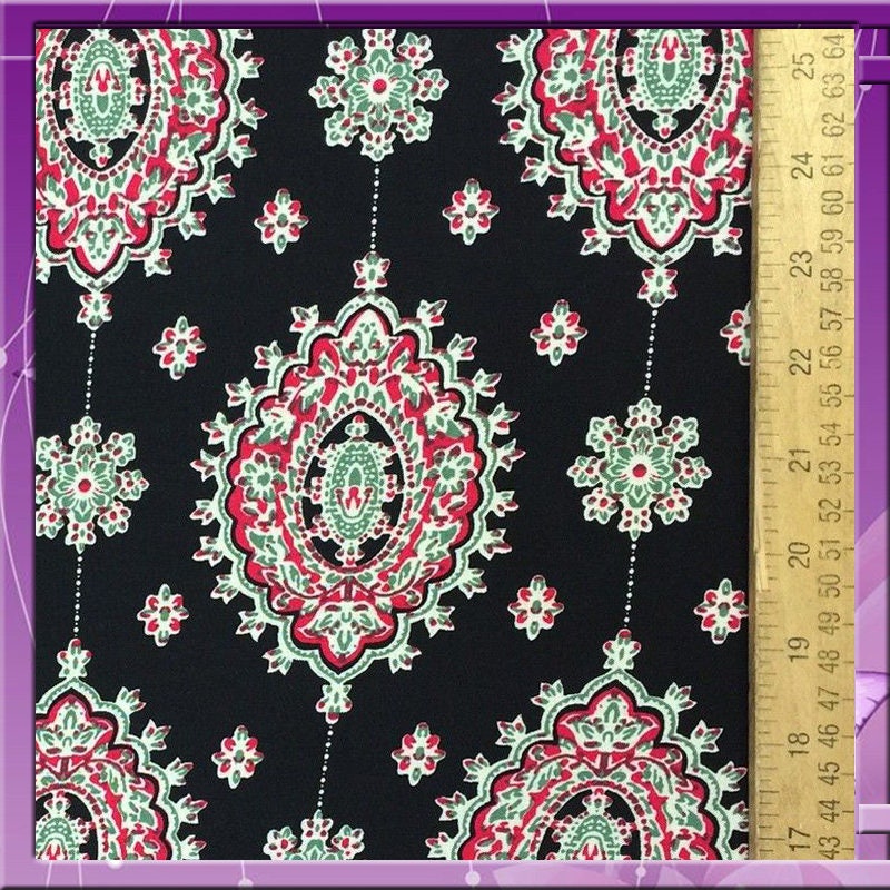Rayon challis two border 58 inches wide fabric Black and fuchsia design sold by the yard soft organic kids dress draping clothing decoration