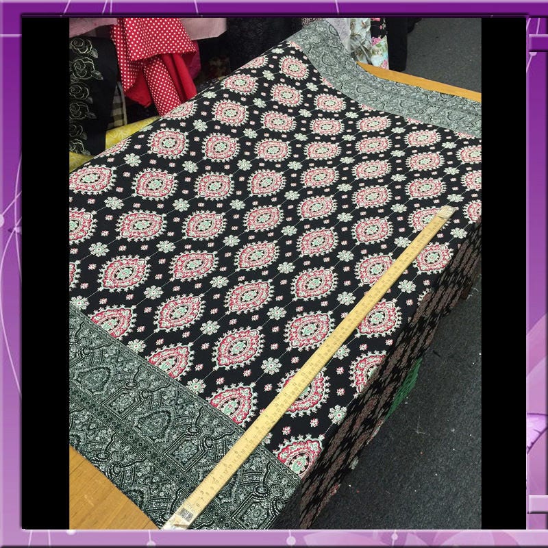 Rayon challis two border 58 inches wide fabric Black and fuchsia design sold by the yard soft organic kids dress draping clothing decoration