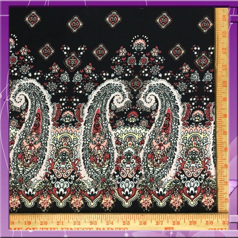 100% Rayon Challis Black Background Hindi Inspired Pink Paisleys 56" / 58" Wide Fabric Sold by the Yard, Soft Fabric Double Scalloped Soft