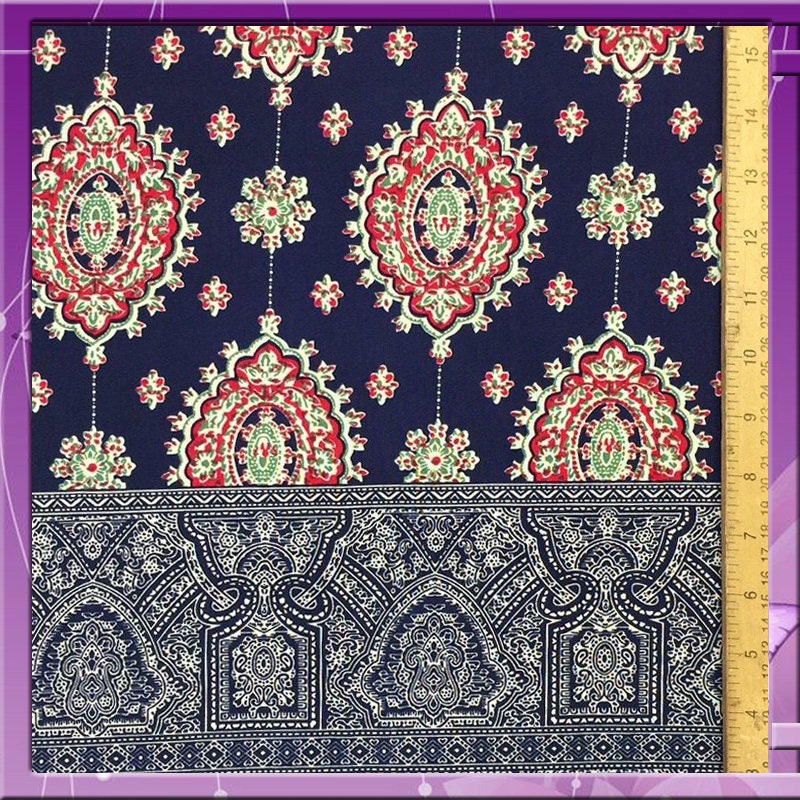 100% Japanese Rayon challis two border Navy blue and fuchsia pink design 58 inches Fabric by the yard for tablecloth, panels, decorations