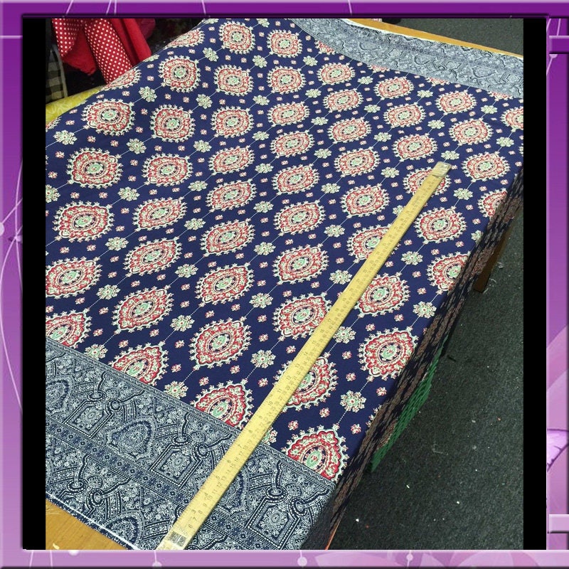 100% Japanese Rayon challis two border Navy blue and fuchsia pink design 58 inches Fabric by the yard for tablecloth, panels, decorations