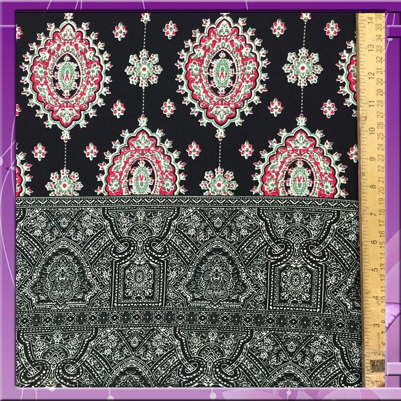 Rayon challis two border 58 inches wide fabric Black and fuchsia design sold by the yard soft organic kids dress draping clothing decoration