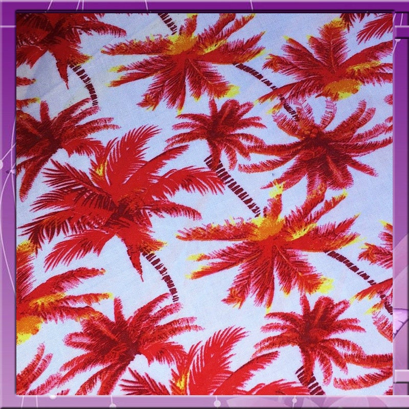 100% Rayon Challis off White Background Red Palm Trees 58 Inches Wide Sold by the Yard Soft Organic Kids Dress Draping Decoration Clothing