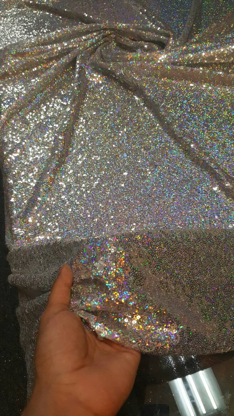 Glitz Silver Irridescent Hologram Sequin Multicolor 60 Inch Wide Fabric Sold by the Yard Rainbow Silver Unicorn 1 Way Stretch Mesh Draping