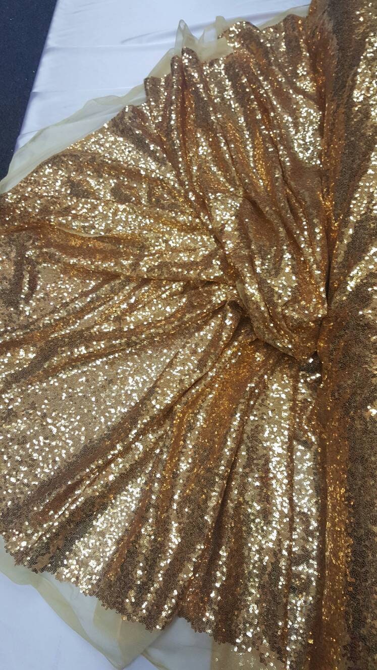 Gold Sequin Fabric on Yellow Mesh 60 Inch W Fabric Sold by the Yard Draping Glitzz Gold Seqin Shining