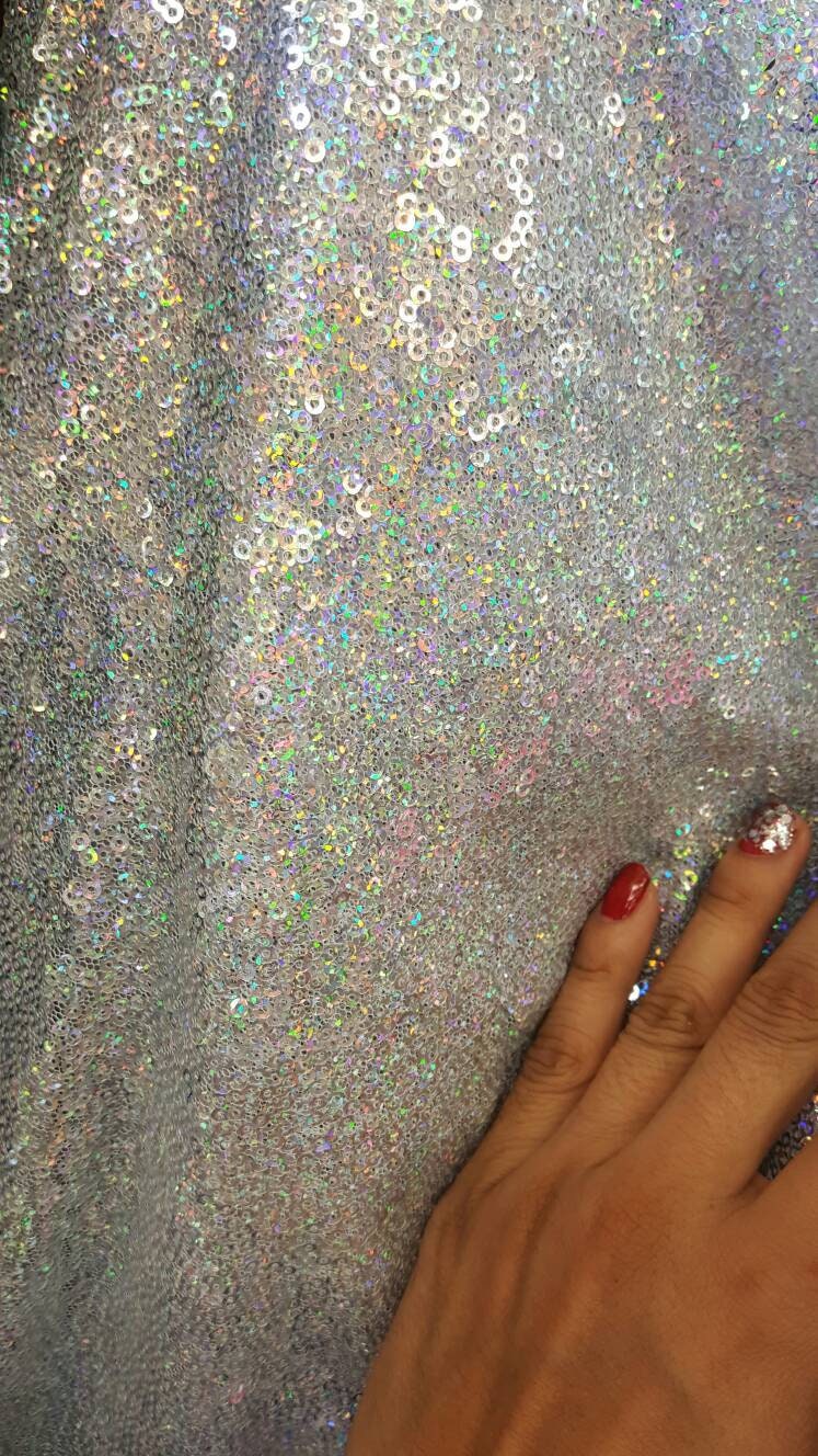 Glitz Silver Irridescent Hologram Sequin Multicolor 60 Inch Wide Fabric Sold by the Yard Rainbow Silver Unicorn 1 Way Stretch Mesh Draping