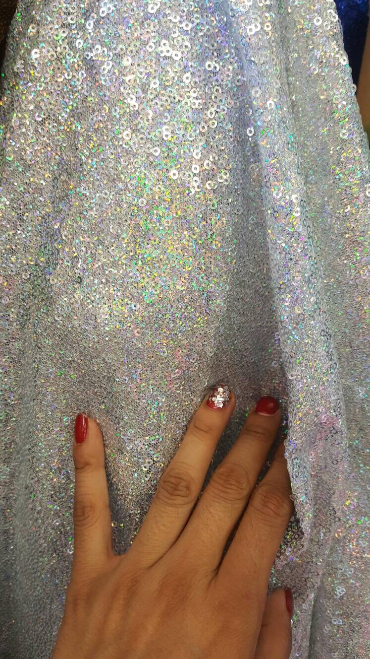 Glitz Silver Irridescent Hologram Sequin Multicolor 60 Inch Wide Fabric Sold by the Yard Rainbow Silver Unicorn 1 Way Stretch Mesh Draping