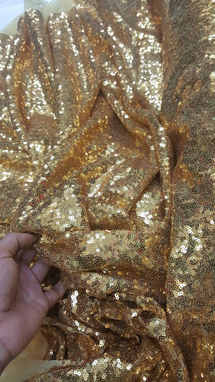 Gold Sequin Fabric on Yellow Mesh 60 Inch W Fabric Sold by the Yard Draping Glitzz Gold Seqin Shining