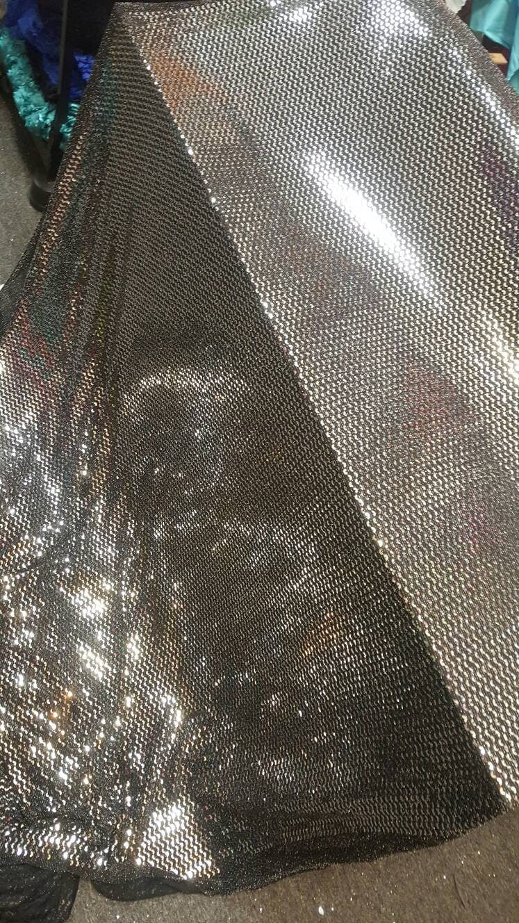 Silver Sequin Geometrical Shine on Black Stretch Fabric Sold by the Yard 60"w Fabric Dress Gorgeous Draping Decoration Party Fabric bling