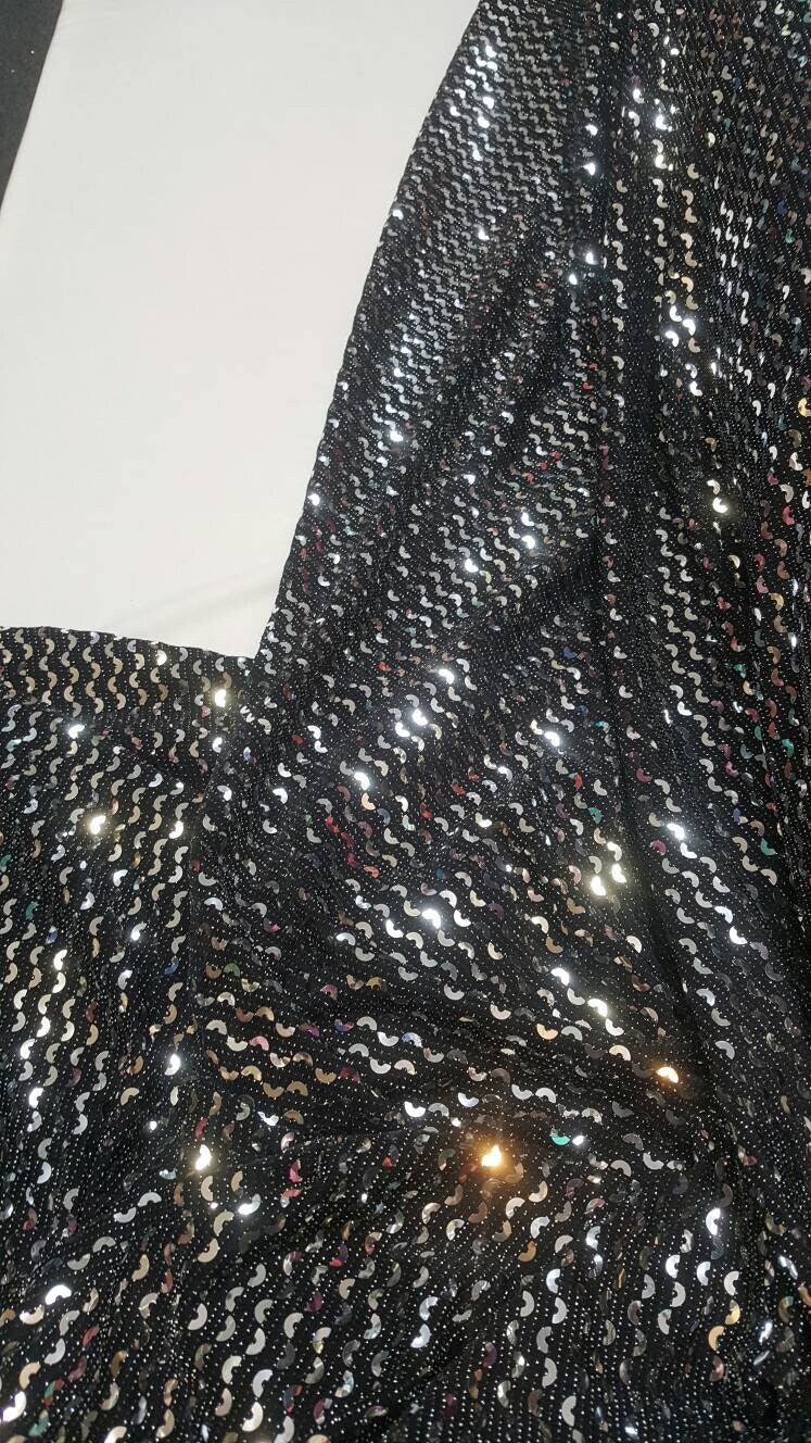Silver Sequin Geometrical Shine on Black Stretch Fabric Sold by the Yard 60"w Fabric Dress Gorgeous Draping Decoration Party Fabric bling